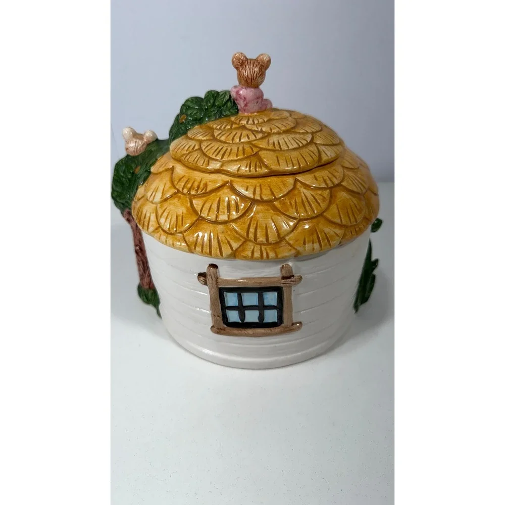 Vintage Ceramic Mouse Cottage Cookie Jar Hand Painted Whimsical Mice House 8in